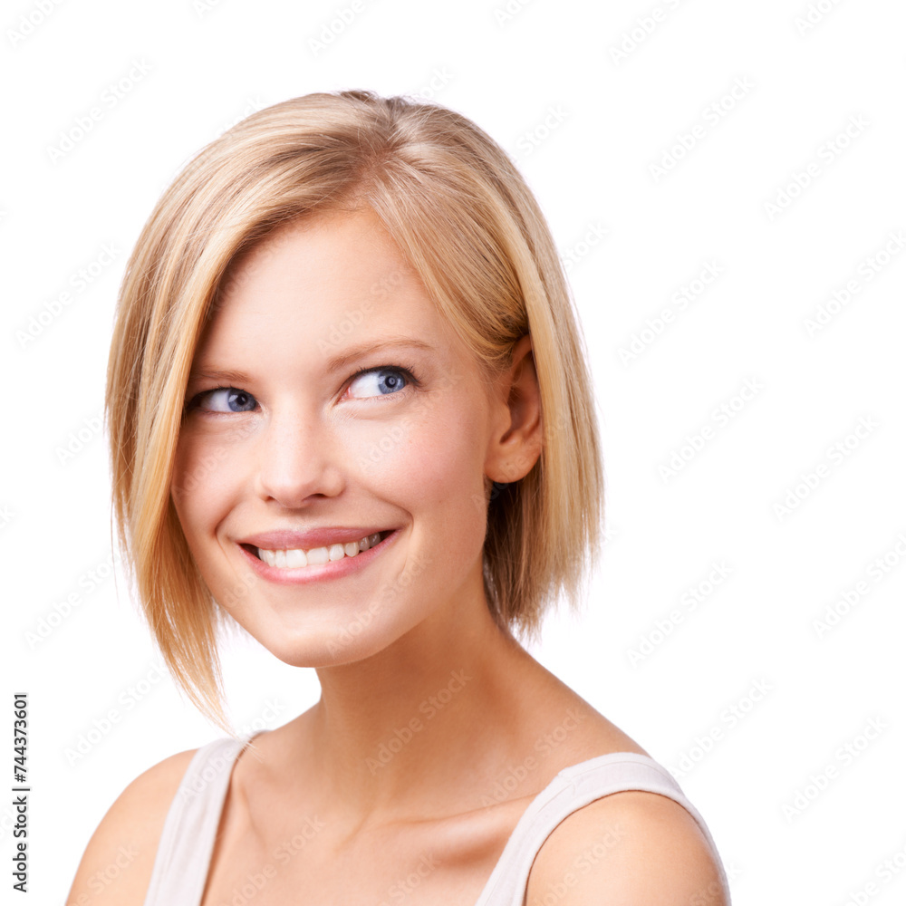 Skincare, makeup and thinking with aesthetic woman in studio isolated on white background for self care. Face, beauty and idea with confident young person at salon for cosmetics or dermatology Skincare, makeup and thinking with aesthetic woman in studio isolated on white background for self care. Face, beauty and idea with confident young person at salon for cosmetics or dermatology