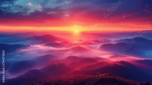 Panoramic view of colorful autumn sunrise in mountains.