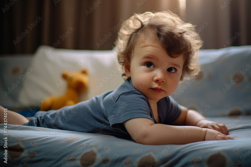 Adorable baby boy laying down on bed and looking away Adorable baby boy laying down on bed and looking away
