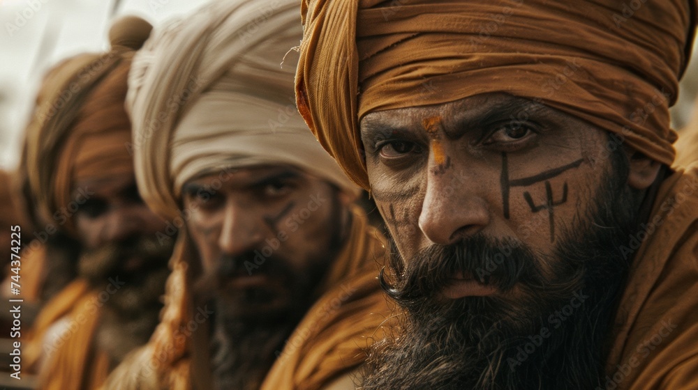 A group of Sikh warriors prepare for battle their faces painted with fierce symbols and their turbans tightly wrapped around their heads. They share a sense of camaraderie A group of Sikh warriors prepare for battle their faces painted with fierce symbols and their turbans tightly wrapped around their heads. They share a sense of camaraderie