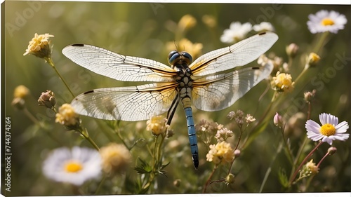 A dragonfly with delicate lace-like wings, resting on a bed of wildflowers in a peaceful meadow.