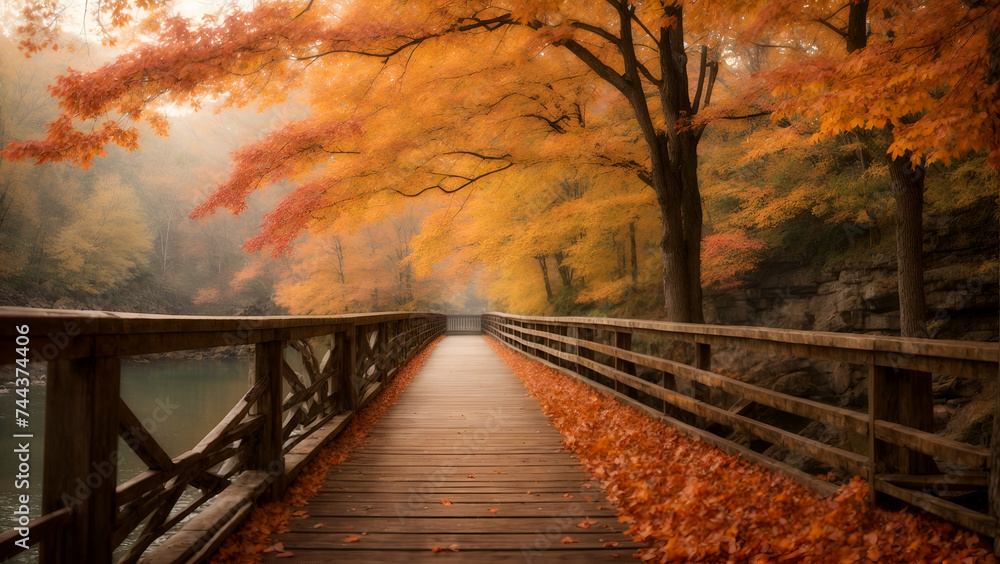 wooden bridge in autumn , lake bridge in fall forest