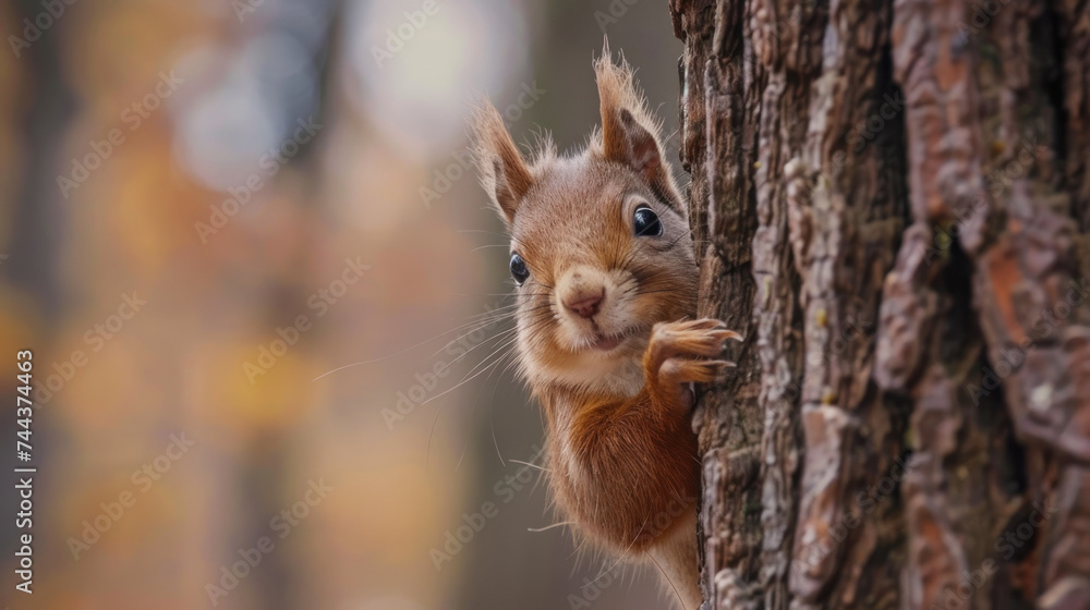 Curious red squirrel peeking behind the tree trunk Curious red squirrel peeking behind the tree trunk