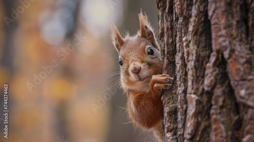 Curious red squirrel peeking behind the tree trunk © somruethai