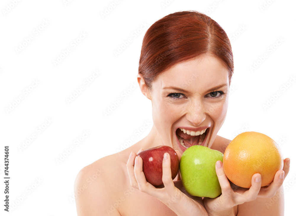 Woman, portrait and bite fruit in studio or healthy food for lose weight on white background, vegetarian or wellness. Female person, face and apple snack for fibre meal eating, vitamin c or mockup Woman, portrait and bite fruit in studio or healthy food for lose weight on white background, vegetarian or wellness. Female person, face and apple snack for fibre meal eating, vitamin c or mockup