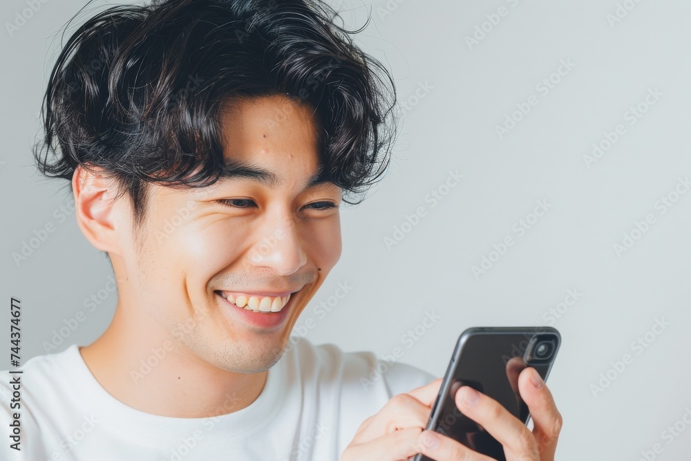 スマートフォンを見て微笑む笑顔の日本人男性(携帯・スマホ・SNS・ゲーム・連絡) スマートフォンを見て微笑む笑顔の日本人男性(携帯・スマホ・SNS・ゲーム・連絡)