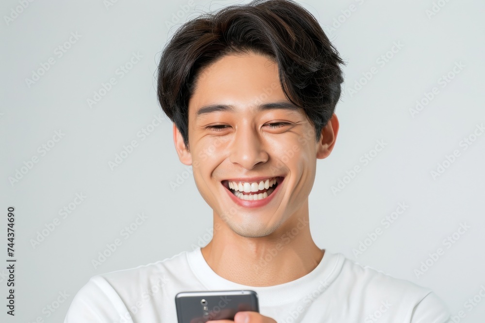 スマートフォンを見て微笑む笑顔の日本人男性(携帯・スマホ・SNS・ゲーム・連絡) スマートフォンを見て微笑む笑顔の日本人男性(携帯・スマホ・SNS・ゲーム・連絡)