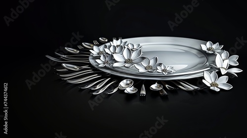 Steel cutlery, flowers and flowers on around a white porcelain dinner plate.