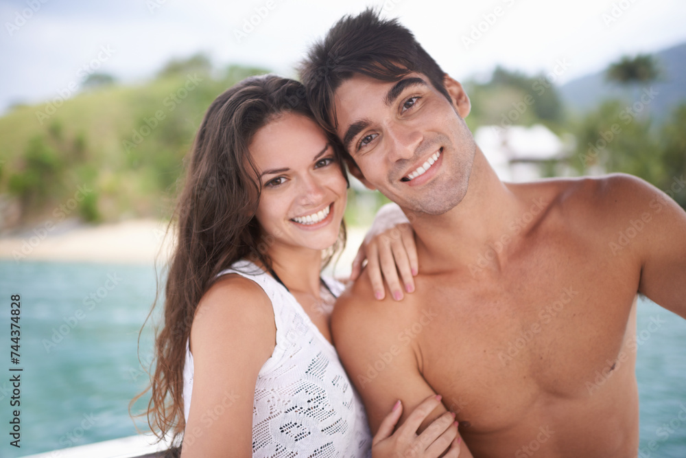 Portrait, happy couple and vacation at ocean, holiday or travel together outdoor to relax. Face, man and smile of woman at sea for adventure, care and connection in summer by water in nature for love Portrait, happy couple and vacation at ocean, holiday or travel together outdoor to relax. Face, man and smile of woman at sea for adventure, care and connection in summer by water in nature for love