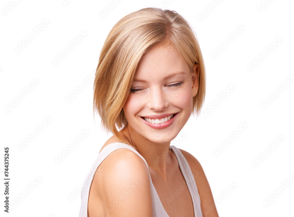 Face, skincare and smile with aesthetic woman in studio isolated on white background for self care. Beauty, wellness and satisfied with happy young person at salon for cosmetics or dermatology Face, skincare and smile with aesthetic woman in studio isolated on white background for self care. Beauty, wellness and satisfied with happy young person at salon for cosmetics or dermatology
