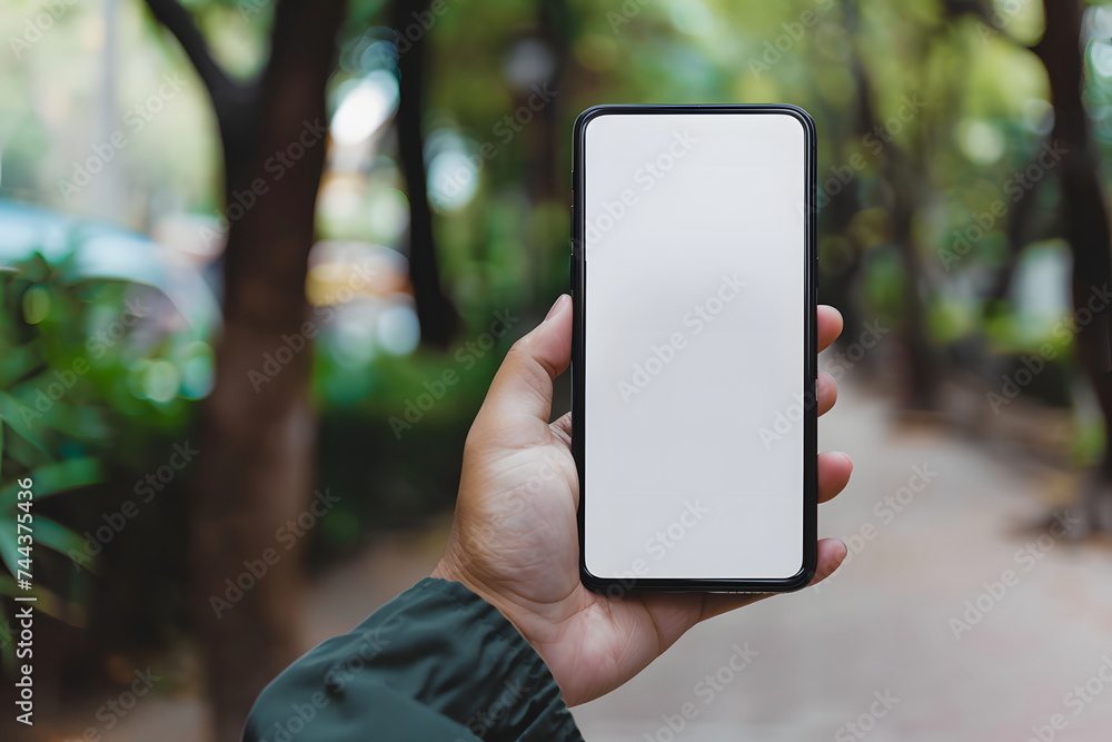 Close up mockup of hand holding mobile phone with blank white screen