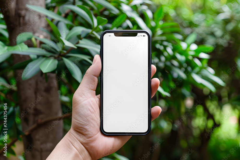Close up mockup of hand holding mobile phone with blank white screen Close up mockup of hand holding mobile phone with blank white screen