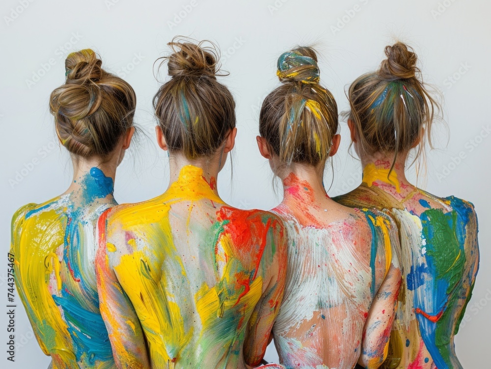 Women standing together with their backs facing the camera, showcasing colorful body paint