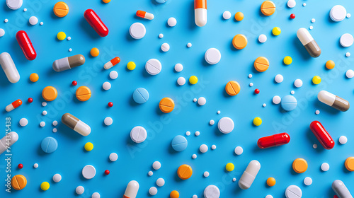Assorted Pharmaceutical Pills and Capsules on a Vibrant Background, Medical Health Concept, Generative Ai