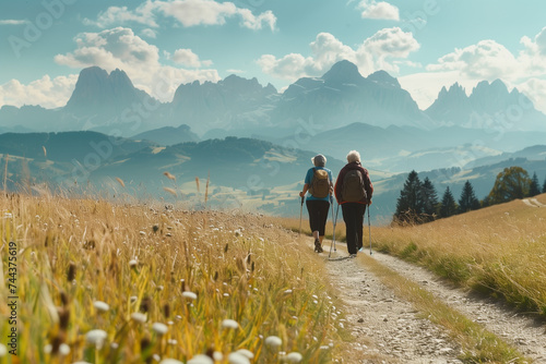Senior pensioner couple with nordic walking poles hiking in the mountains