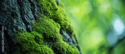 Enchanting moss covered tree trunk in lush green forest environment with serene natural beauty