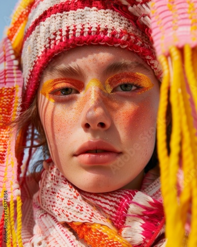 Youthful female model with intense orange makeup and multicolored knitted garments
