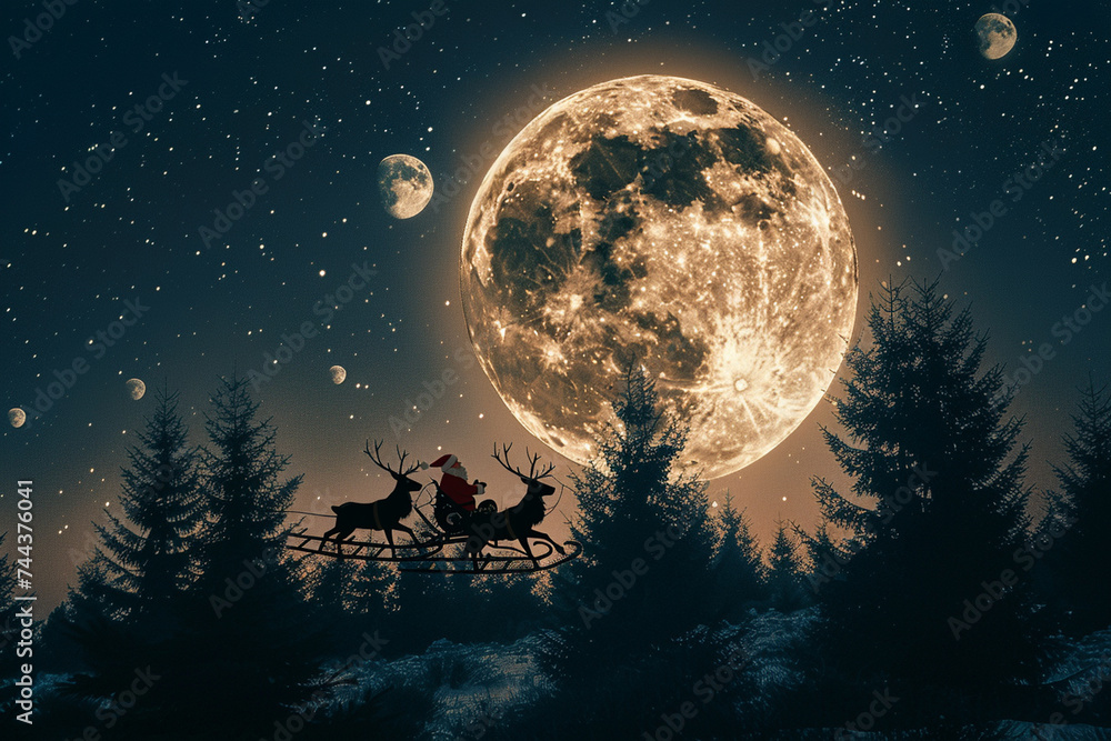 Silhouette Santa Claus Rides Reindeer At Night
