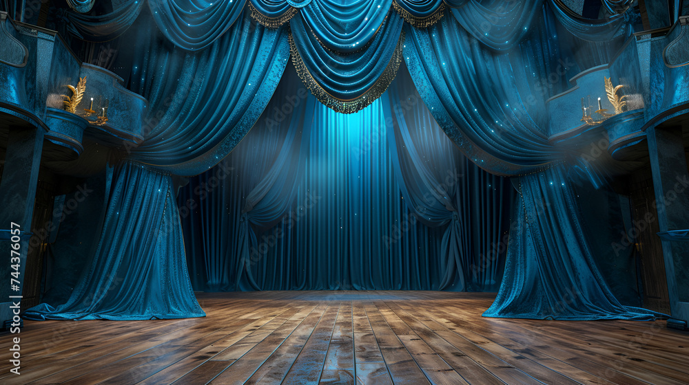 Bright blue stage curtains theater drapes and wooden stage floor background, perfect for theatrical or performance concepts, Generative Ai

 - obrazy, fototapety, plakaty 