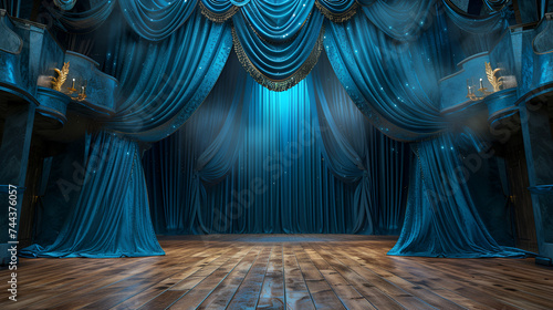 Bright blue stage curtains theater drapes and wooden stage floor background, perfect for theatrical or performance concepts, Generative Ai