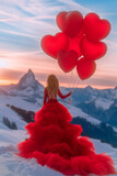 Fashionable beautiful woman in red dress holding huge bunch of balloons on on the top of the mountain