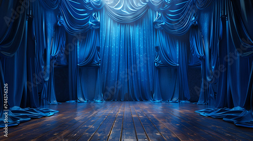 Bright blue stage curtains theater drapes and wooden stage floor background, perfect for theatrical or performance concepts, Generative Ai


