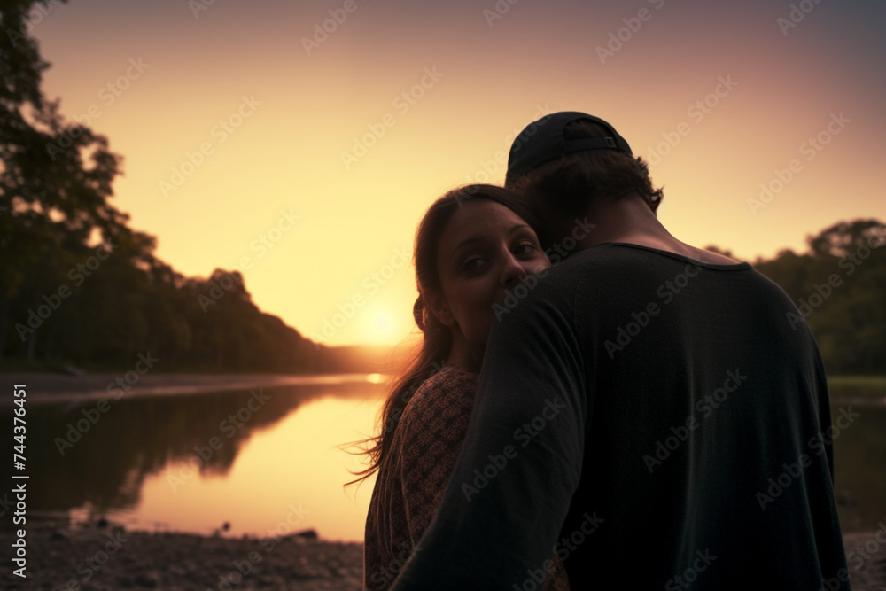 affectionate couple at a riverbank at sunset