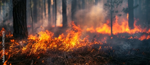 Raging inferno consumes dense forest in a devastating blaze of fire and smoke