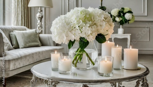 white hydrangea in elegant living room light and bright