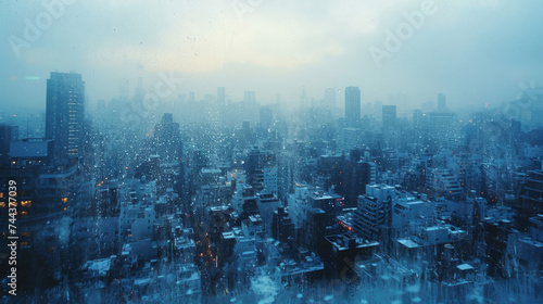 Texture of frosted gl with speckles of condensation forming intricate patterns revealing glimpses of a bustling cityscape outside.