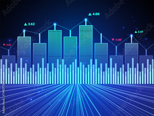 Fantastic financial stock market graph indicators big data technology shape of urban landscape buildings combined with candlestick vector design concept. Stock market exchange digital chart investment