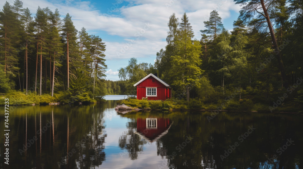 Cozy wooden cabin by the shore of a forest lake with a boat.