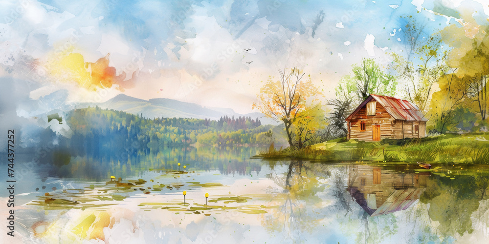 Cozy house with spring flowers and pond. Watercolor art. Banner Cozy house with spring flowers and pond. Watercolor art. Banner