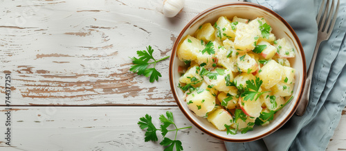 Delicious potato salad with onion, mayonnaise. Traditional food. Panorama photo