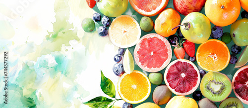 Fresh fruits background. Top view. Summer illustratiion. Copy space