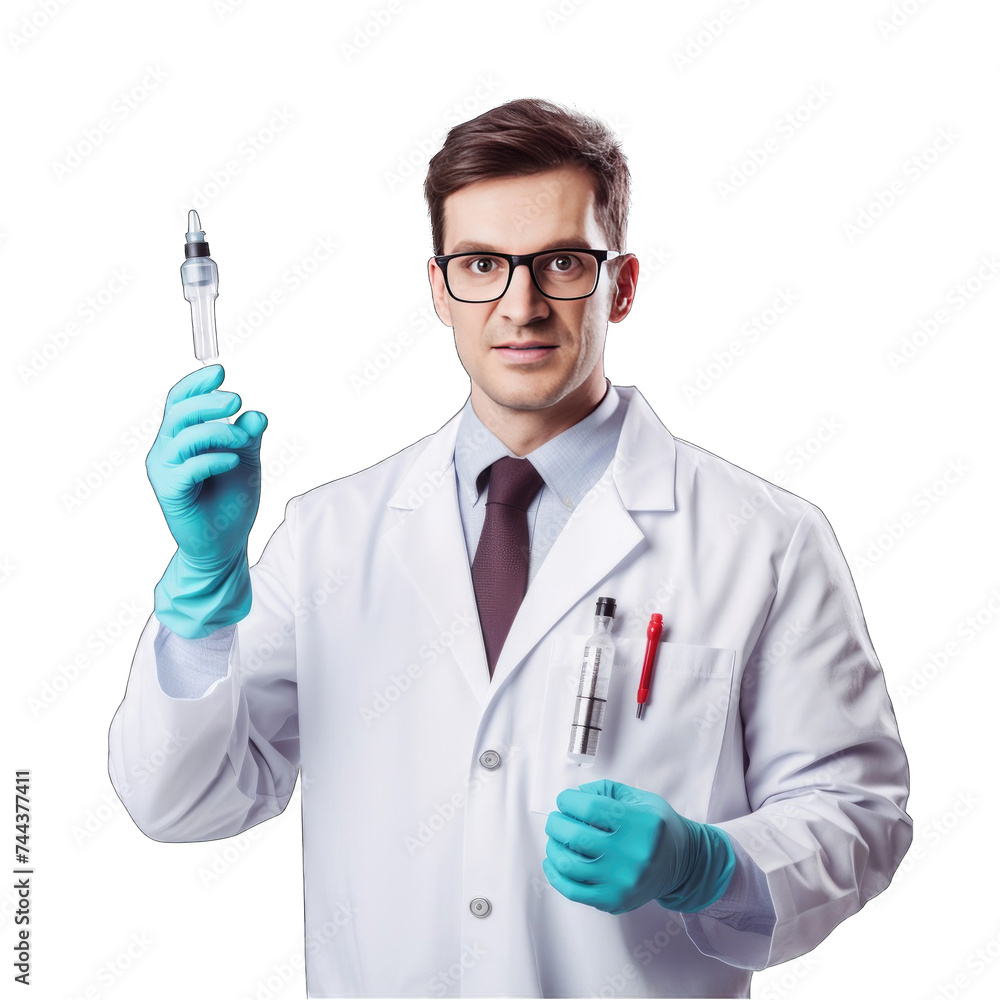 A male doctor in a white lab coat and blue gloves is holding two syringes filled with liquid.