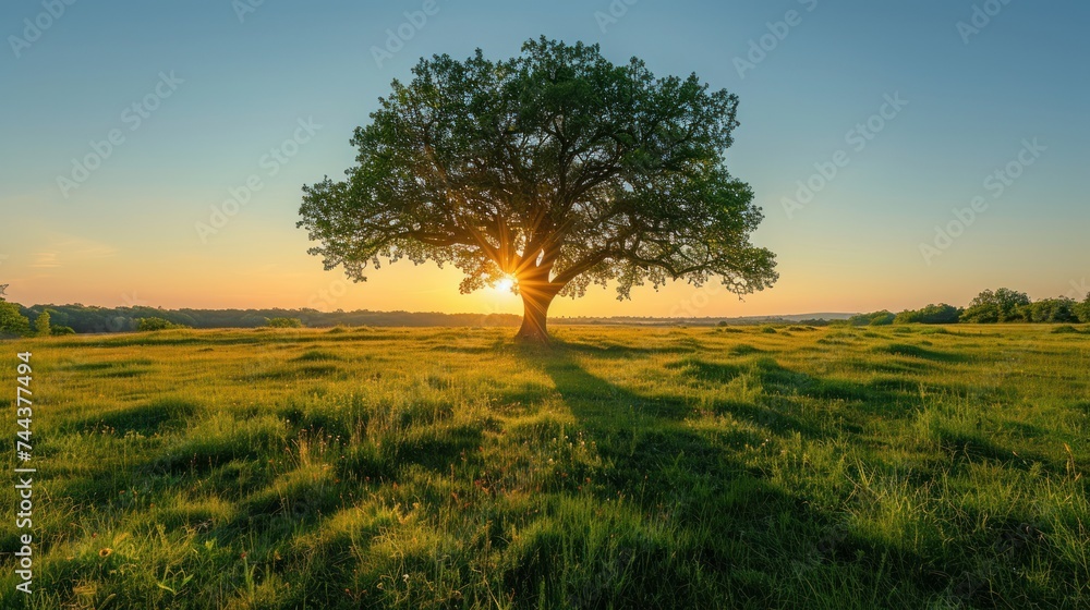 a panoramic vibrant rural landscape with clear blue sky before sunset tree on a green meadow