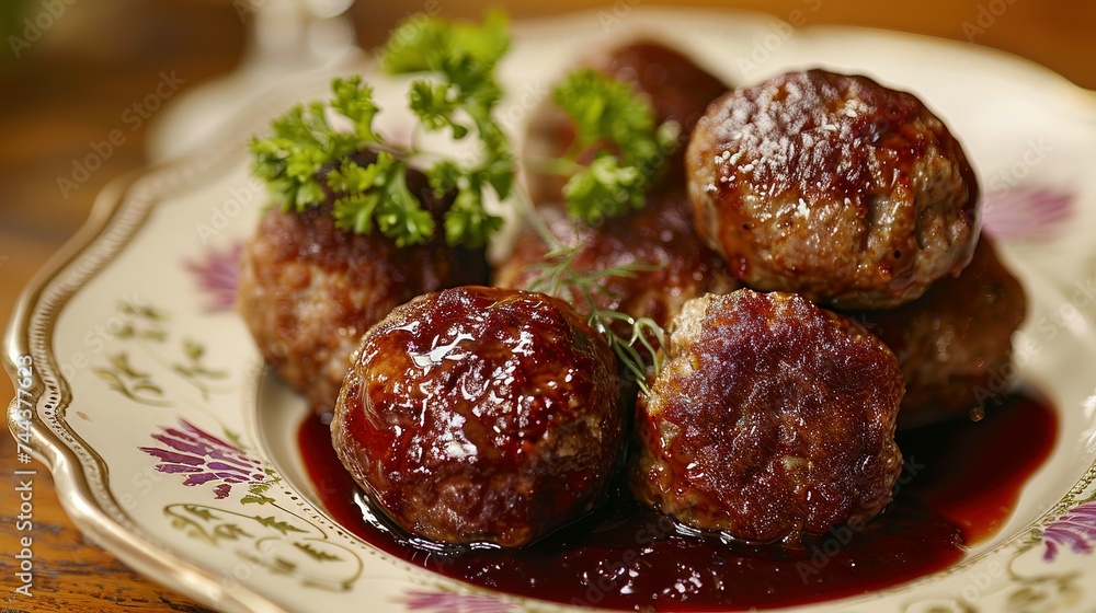 Golden brown Köttbullar, the famous meatballs, present themselves as a delicious delicacy on a traditional Swedish plate. The background of the plate reflects a Scandinavian design and Swedish colors Golden brown Köttbullar, the famous meatballs, present themselves as a delicious delicacy on a traditional Swedish plate. The background of the plate reflects a Scandinavian design and Swedish colors
