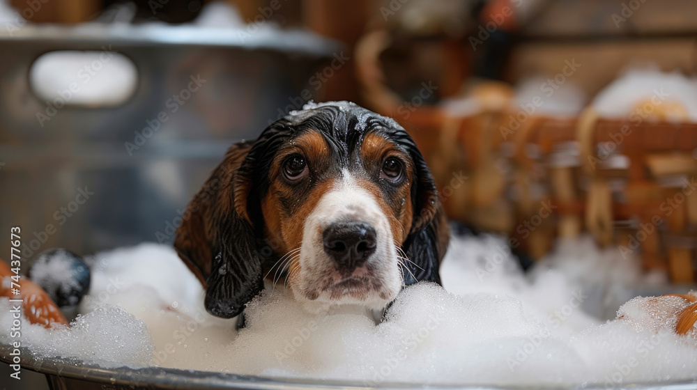 Basset Hound grooming in a bath