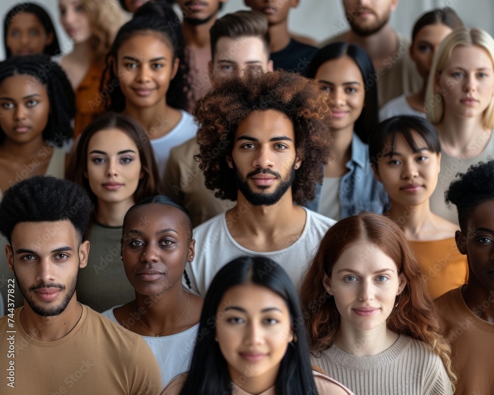 Close-up of a diverse group of individuals with varying ethnicities, with a young man with curly hair central Close-up of a diverse group of individuals with varying ethnicities, with a young man with curly hair central