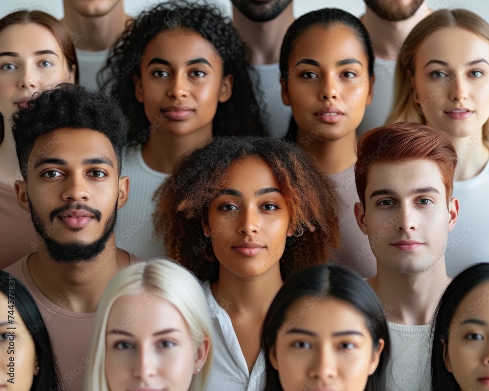 Group of young adults with diverse ethnic backgrounds, focused on a beautiful young woman in the foreground Group of young adults with diverse ethnic backgrounds, focused on a beautiful young woman in the foreground