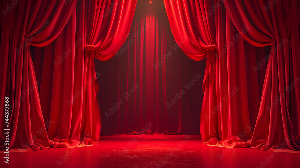 Realistic theater red dramatic curtains with spotlight on stage, perfect for theatrical or entertainment concepts, Generative Ai

 - obrazy, fototapety, plakaty 