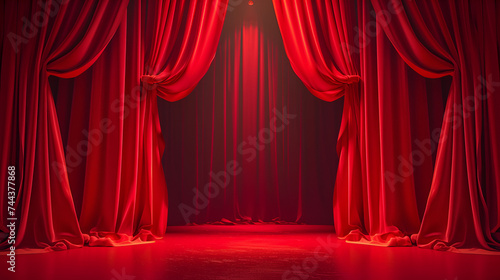 Realistic theater red dramatic curtains with spotlight on stage, perfect for theatrical or entertainment concepts, Generative Ai