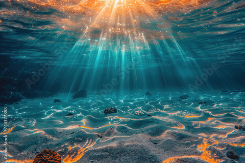 Depth of sea water, the bottom of the sea, the rays of the sun through the water, the underwater world, the background photo