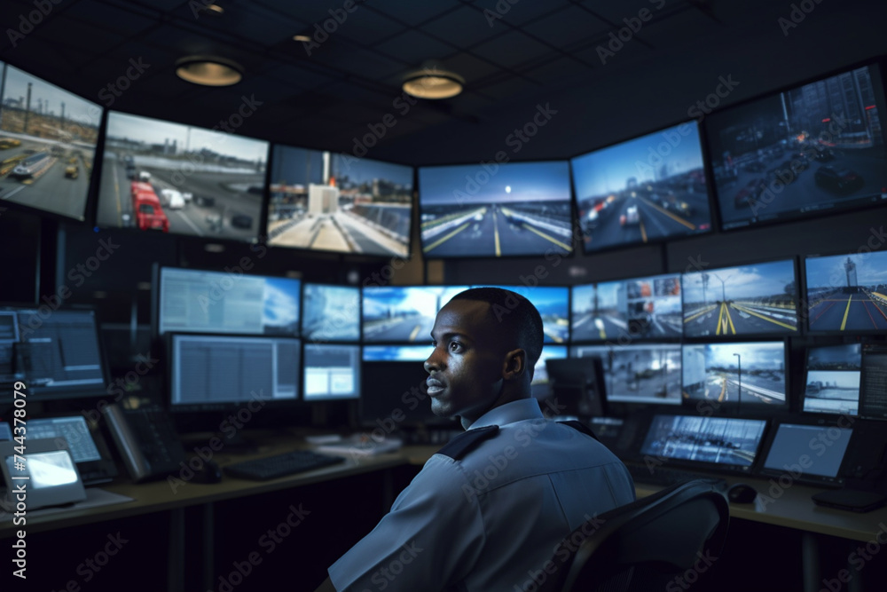 african american security officer working in control room african american security officer working in control room