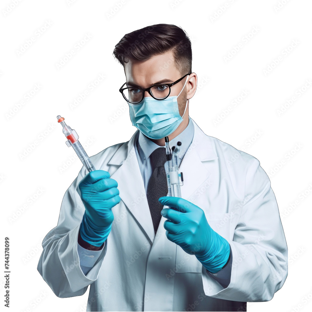 A male doctor in a white lab coat and blue gloves is holding two syringes filled with liquid. A male doctor in a white lab coat and blue gloves is holding two syringes filled with liquid.