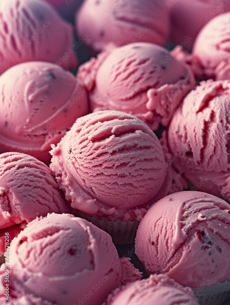 Macro shot revealing the intricate textures & details of luscious pink ice cream scoops Macro shot revealing the intricate textures & details of luscious pink ice cream scoops