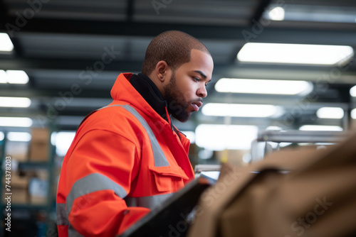 African American warehouse worker inspector the quality of automotive spare part while standing in front of the shelf rack in the distribution warehouse