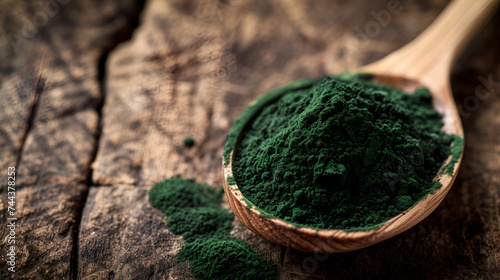 Organic spirulina algae powder in a wooden spoon on a white background, healthy superfood supplement concept, Generative Ai