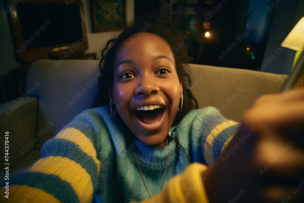african american woman taking selfie at home at night, looking at camera cheerfully african american woman taking selfie at home at night, looking at camera cheerfully
